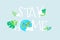 Stay Home banner with text, cute Earth, cloud and green leaves. Flat style. Vector
