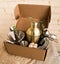 Stay at home bar cocktail party, bartender stuff accessories delivery parcel in a natural brown craft cardboard box. A gift to