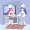 Stay at home, chef girls with dessert bowl cartoon, cooking quarantine activities