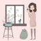 Stay home concept. Day routine. Girl with cat. Cozy modern scandinavian interior. Self isolation, quarantine. Coronavirus