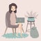 Stay home concept. Day routine. Girl working at home, with cat. Cozy modern scandinavian interior. Self isolation, quarantine.