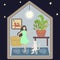 Stay home concept. Hand drown cute house inside, the light is on in the house at night. Girl dancing with a white cat