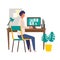 Stay at home concept. Vector illustration of man in the study room. Concept for any telework illustration, free lance workers,