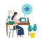 Stay at home concept. Vector illustration of woman in the study room. Woman checking about coronavirus topics by computer