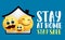 Stay at home emoji family vector quarantine campaign. Stay at home stay safe text with smiley emojis in house for quarantine.