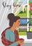 Stay home. Flat vector illustration of woman looking out the window. Outside the window is a deserted cityscape.