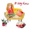Stay home handdrawn illustration. Beautiful young cirly woman sitting on couch enjoing hygge lifestyle: pillows, plants