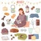Stay at home hygge cozy set. A set of items on the theme of comfort in a cartoon style on a white background. A girl in