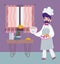 Stay at home, male chef with dessert and fruits in room cartoon, cooking quarantine activities