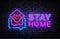 Stay Home Neon Sign. Quarantine coronavirus epidemic illustration for social media, stay home. Heart and home neon icon