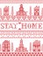 Stay Home Nordic style inspired cross stitched sign with  Scandinavian Village elements Village Church , house, cottages