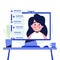 Stay home online video call  with happy businesswoman displaying on screen. Computer or video call conversation
