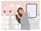 Stay home poster design. Wall art hand drawing. Female brushing hair in bathrobe. Bathroom illustration with towels, mirror, sink,