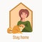 Stay home in quarantine. woman at home with your family cat. virus protection. Work at Home. Vector illustration