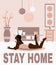 Stay home. Vector  hand drawn illustration of lying girl in the room.