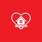 Stay Home White Logo Design Isolated on Red Background. Home and Heart illustrated the protection and love.