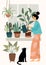 Stay at home. Woman watering houseplant. Vector illustration.