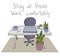 Stay at home, work comfortably concept. Home office workplace with desk, laptop, plant, headphones, mug of coffee. Hand