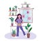 Stay at home, young woman with plants in pots gardening leisure