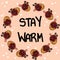 Stay warm poster with cups of mulled wine. Hand drawn cartoon style coffee beverage drink, cute wreath ornament design