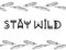 Stay wild boho indigenous typography with feathers border seamless pattern. Freehand owl or hawk quill background. Vector mockup
