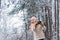 Staying beautiful any season. happy hiker girl retro camera. professional photographer winter landscape. woman hold