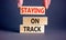 Staying on track symbol. Concept words Staying on track on wooden blocks on a beautiful grey table grey background. Businessman