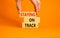 Staying on track symbol. Concept words Staying on track on wooden blocks on a beautiful orange background. Businessman hand.