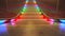 Steadicam. Escalator with multicoloured LED rainbow lights goes up without people