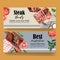 Steak banner design with grilled meat, onion, basil watercolor illustration