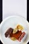 Steak with broccoli. white background. Cooking lunch.