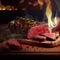 a steak on a cutting board with a knife and some herbs on it and a fire in the background