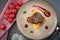 Steak Filet Mignon with Smoke. Baked Potatoes and Cranberry Sauce. Ð¡herry tomatoes. Grey background