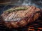 steak on the grill is being cooked with a rosemary sprig