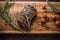 steak with grill marks on a rustic wooden board