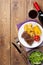 Steak with grilled potato, corn, salad and red wine