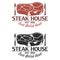 Steak house logo with meat, knife and fork. Emblem template