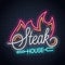Steak house neon logo with fire on black background