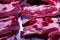 Steak large portioned fresh meat raw with white stripes closeup design shop butcher cutting carcasses