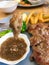 Steak, Mash potato, Vegetable, Sauce, on plate