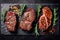 Steak menu. Juicy grilled steaks on a black stone background