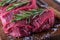 Steak. Raw beef steak. Fresh raw Sirloin beef steak sliced o Herb - Rosemary decoration