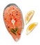 Steak of raw fresh salmon fish with pepper, sea salt, rosemary and lemon isolated on white. Top view, keto diet and healthy eating