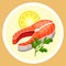 Steak of salmon on plate with lemon. Useful products when breastfeeding a child. Flat vector image