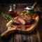 Steak with spicy sauce and spices. Juicy marble meat, grilled, beautifully laid out on wooden board. Close-up