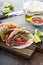 Steak tacos with sliced meet, salad and tomato salsa