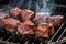 steak tips on bbq grill with garlic-infused smoke filling the air