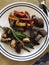 steak tips, roasted peppers, aspargus, mushrooms