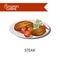 Steak with tomatoes from European cuisine isolated illustration