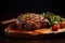 Steak on Wood Dish with Vegetables, Tomato, and Salad. A Delicious and Healthy Meal